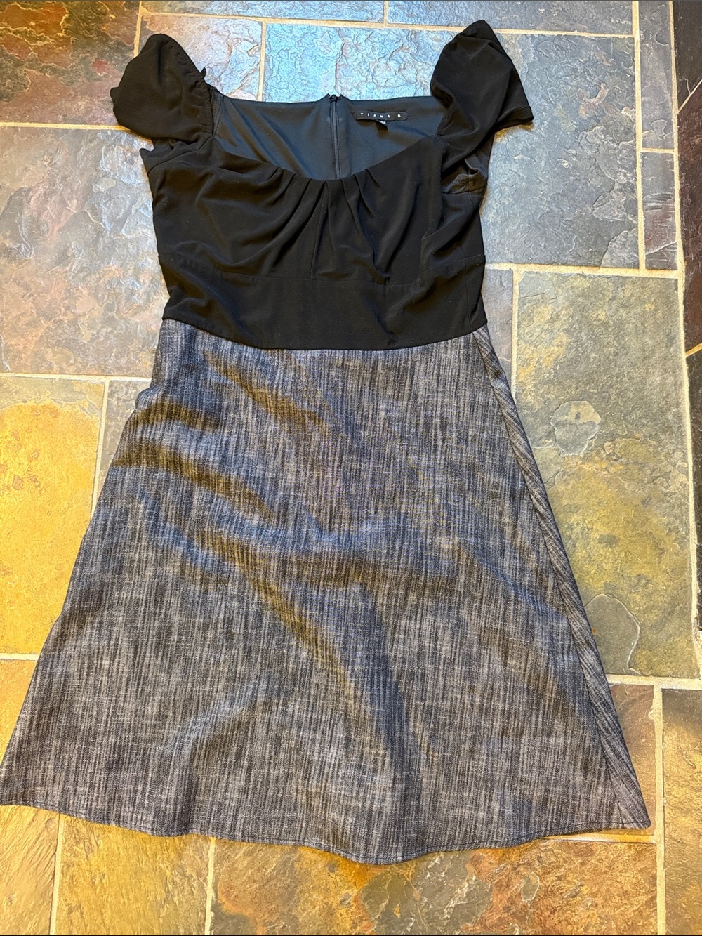 Tiana B. Black Top with Heathered Gray A-Line Skirt